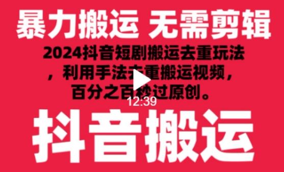 2024最新抖音搬运技术，抖音短剧视频去重，手法搬运，利用工具去重，达到秒过原创的效果【揭秘】-东升网创