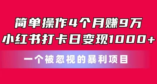简单操作4个月赚9w，小红书打卡日变现1k，一个被忽视的暴力项目【揭秘】-东升网创