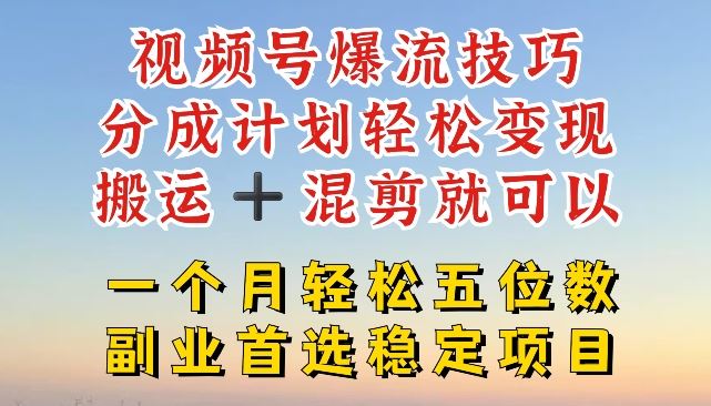 视频号爆流技巧，分成计划轻松变现，搬运 +混剪就可以，一个月轻松五位数稳定项目【揭秘】-东升网创