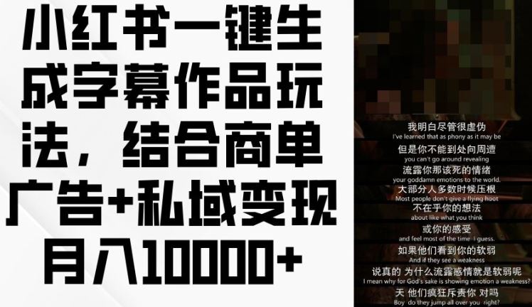 小红书一键生成字幕作品玩法，结合商单广告+私域变现月入1w+【揭秘】-东升网创