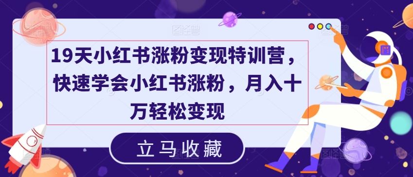 19天小红书涨粉变现特训营，快速学会小红书涨粉，月入十万轻松变现-东升网创