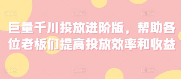 巨量千川投放进阶版，帮助各位老板们提高投放效率和收益-东升网创