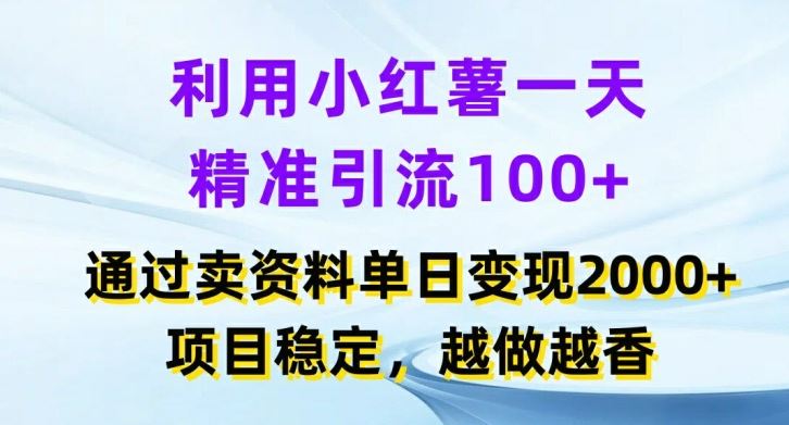 利用小红书一天精准引流100+，通过卖项目单日变现2k+，项目稳定，越做越香【揭秘】-东升网创