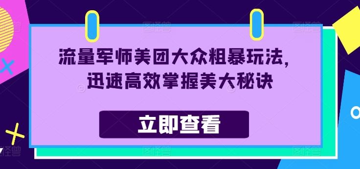 流量军师美团大众粗暴玩法，迅速高效掌握美大秘诀-东升网创