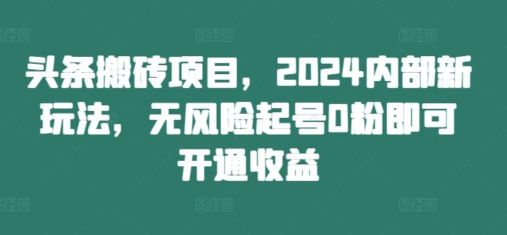 头条搬砖项目，2024内部新玩法，无风险起号0粉即可开通收益-东升网创