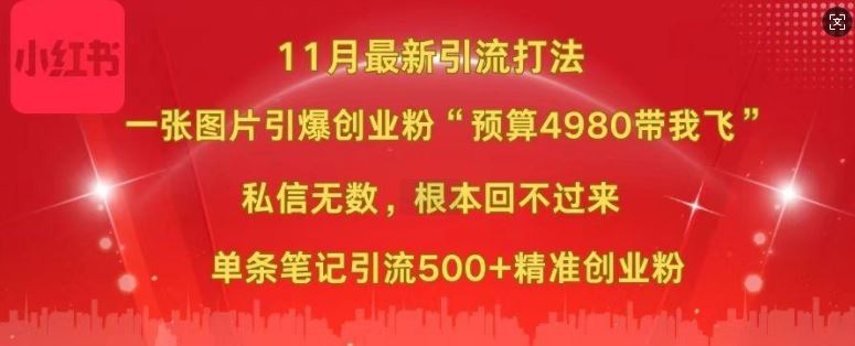 小红书11月最新图片打粉，一张图片引爆创业粉，“预算4980带我飞”，单条引流500+精准创业粉-东升网创