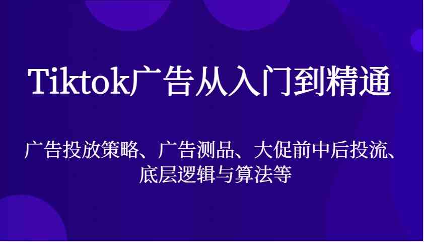 Tiktok广告从入门到精通，广告投放策略、广告测品、大促前中后投流、底层逻辑与算法等-东升网创