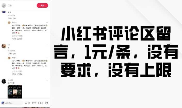 小红书评论区留言，1元条，没有要求，没有上限-东升网创