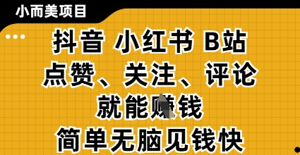 小而美的项目，抖音小红书B站视频点赞、关注、评论就能挣钱，简单无脑立见收益，妥妥的零撸项目【揭秘】-东升网创