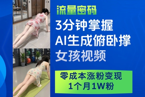 3分钟掌握AI生成俯卧撑女孩视频，零成本涨粉变现，1个月1W粉-东升网创