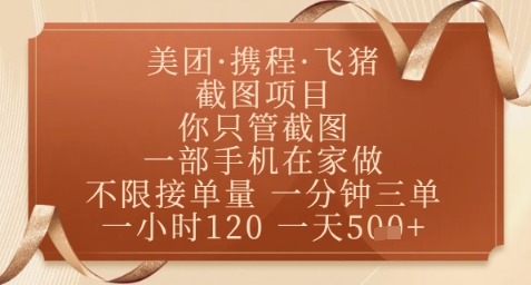 飞猪美团截图项目，你只管截图，一部手机在家做，正规平台无套路，一天5张+【揭秘】-东升网创