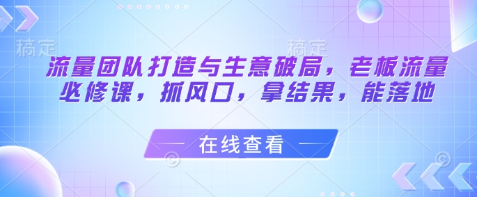 流量团队打造与生意破局，老板流量必修课，抓风口，拿结果，能落地-东升网创