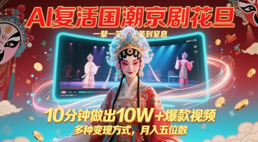 AI复活国潮京剧花旦，一颦一笑美到窒息，10分钟做出10W+爆款视频，多种变现方式，月入五位数-东升网创