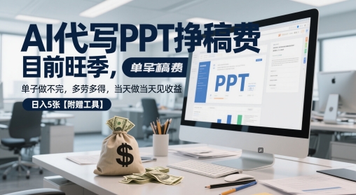 AI代写PPT挣稿费，目前旺季，单子做不完，多劳多得，当天做当天见收益，日入5张【附赠工具】-东升网创