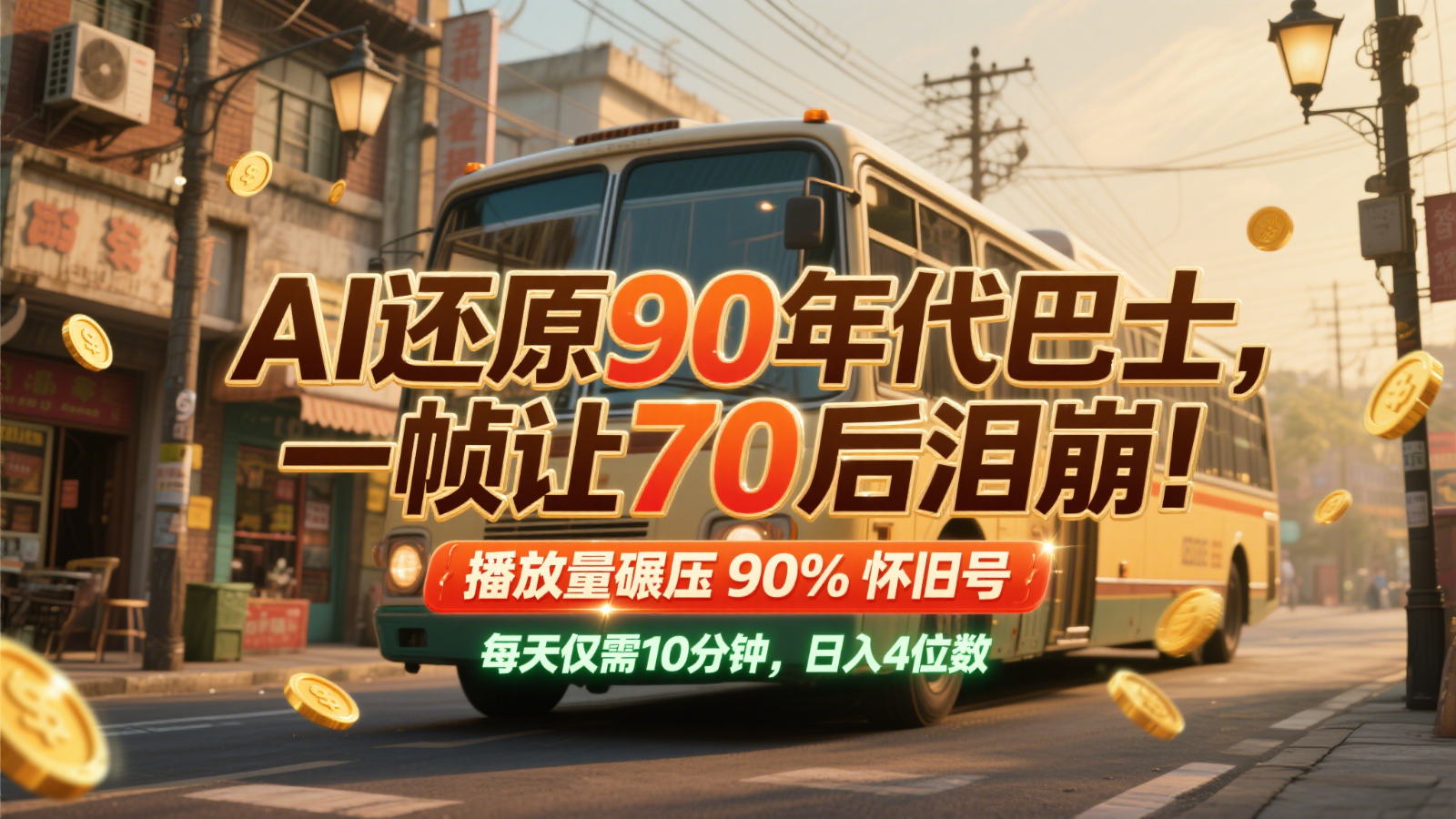 AI还原90年代巴士，一帧让70后泪崩！播放量碾压90%怀旧号，每天10分钟，日入4位数-东升网创