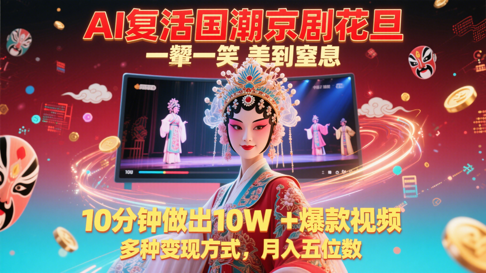 AI复活国潮京剧花旦，一颦一笑美到窒息，10分钟做出10W+爆款视频，多种变现方式，…-东升网创
