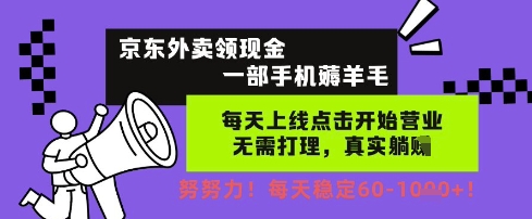 京东外卖领现金，一部手机薅羊毛，每天上线动动手指，无需打理，每天保底60+，每天就是如此轻松【揭秘】-东升网创