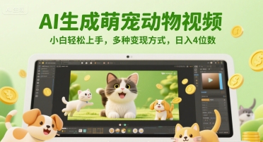 AI生成萌宠动物视频，小白轻松上手，多种变现方式，日入4位数-东升网创