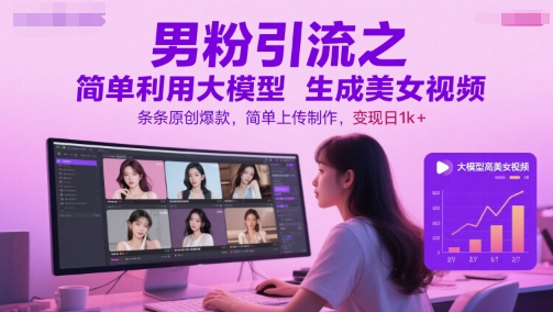 男粉引流之简单利用大模型生成美女视频，条条原创爆款，简单上传制作，变现日1k+-东升网创
