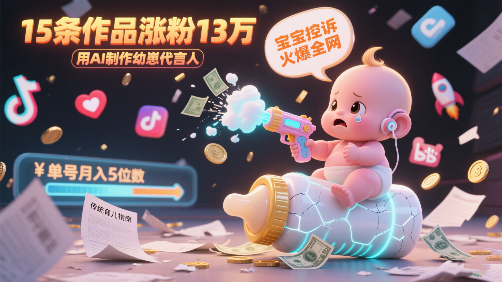 用AI制作幼崽代言人，宝宝的控诉火爆全网，15条作品涨粉13万，单号月入5位数实操教程-东升网创