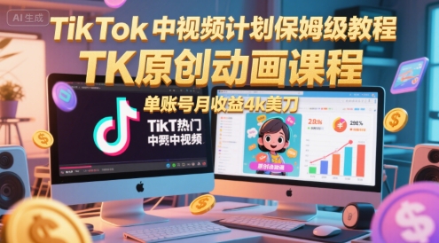 TikTok中视频计划保姆级教程，TK原创动画课程，单账号月收益4k美刀-东升网创