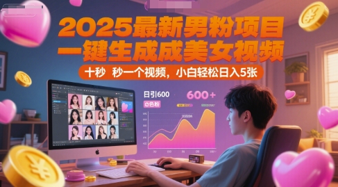 2025最新男粉项目，一键生成美女视频，日引600+色粉 十秒一个视频，小白轻松日入5张【揭秘】-东升网创