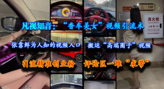 凡视知音：“香车美女”视频引流术，依靠鲜为人知的视频入口，搬运“高端圈子”视频，引流精准创业粉，评论区一堆“求带”-东升网创
